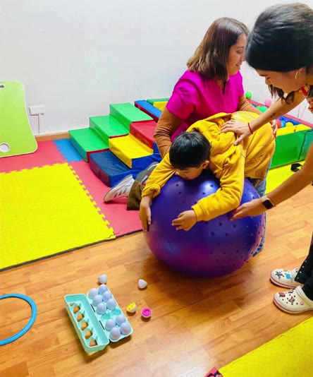 Sesión de terapia con un niño sobre un balón terapéutico
